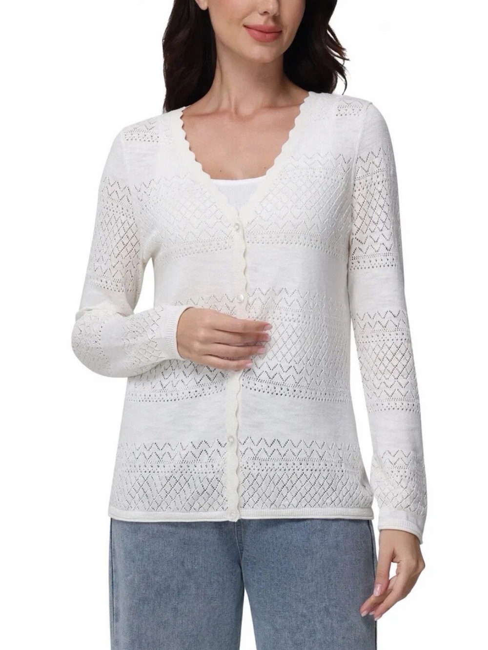 FRYE WOMEN'S POINTELLE KNIT BUTTON FRONT CARDIGAN LONG
SLEEEVE IVORY L